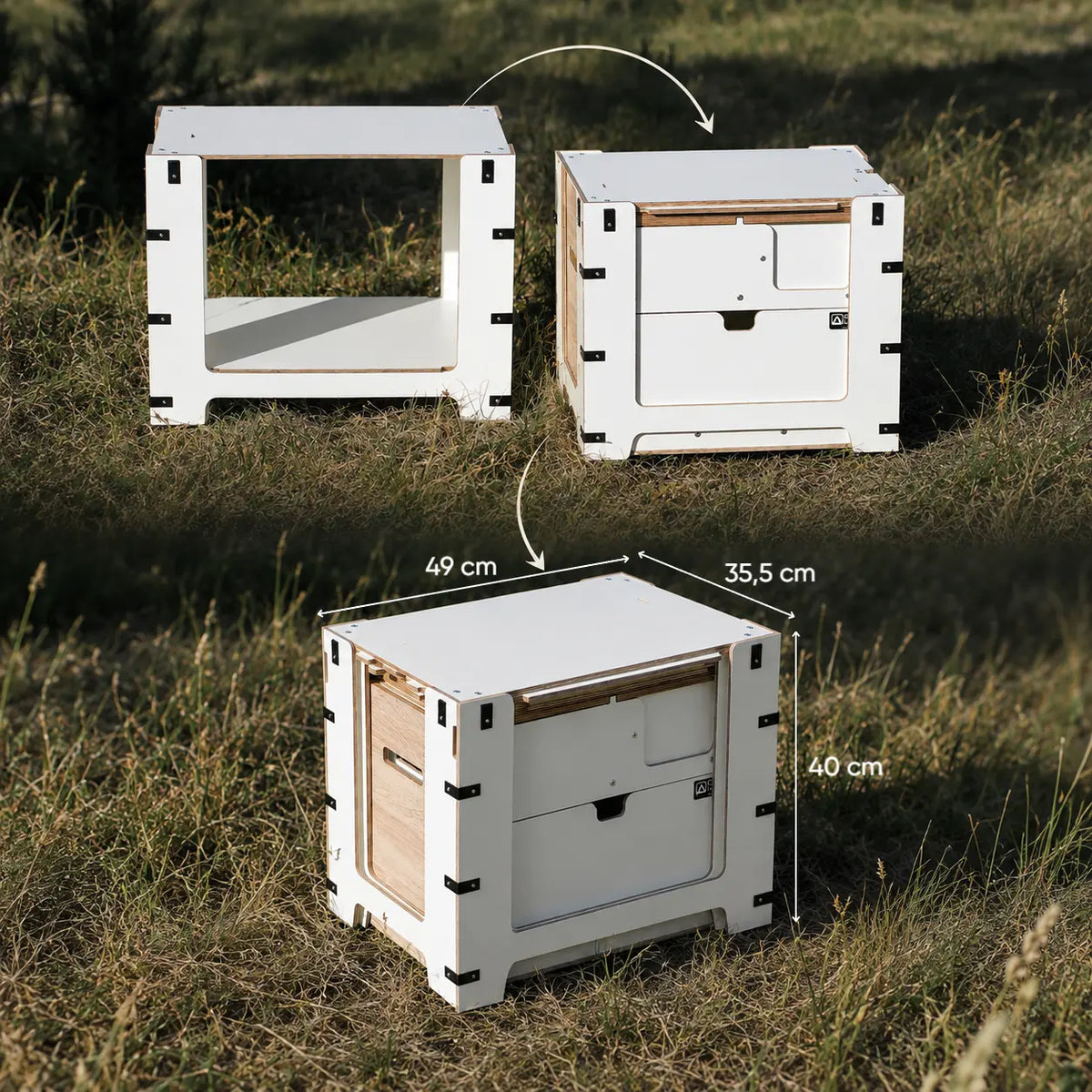 Colocación de la mesa adicional sobre la Camping Box Mini cerrada – medidas 49 × 35,5 × 40 cm