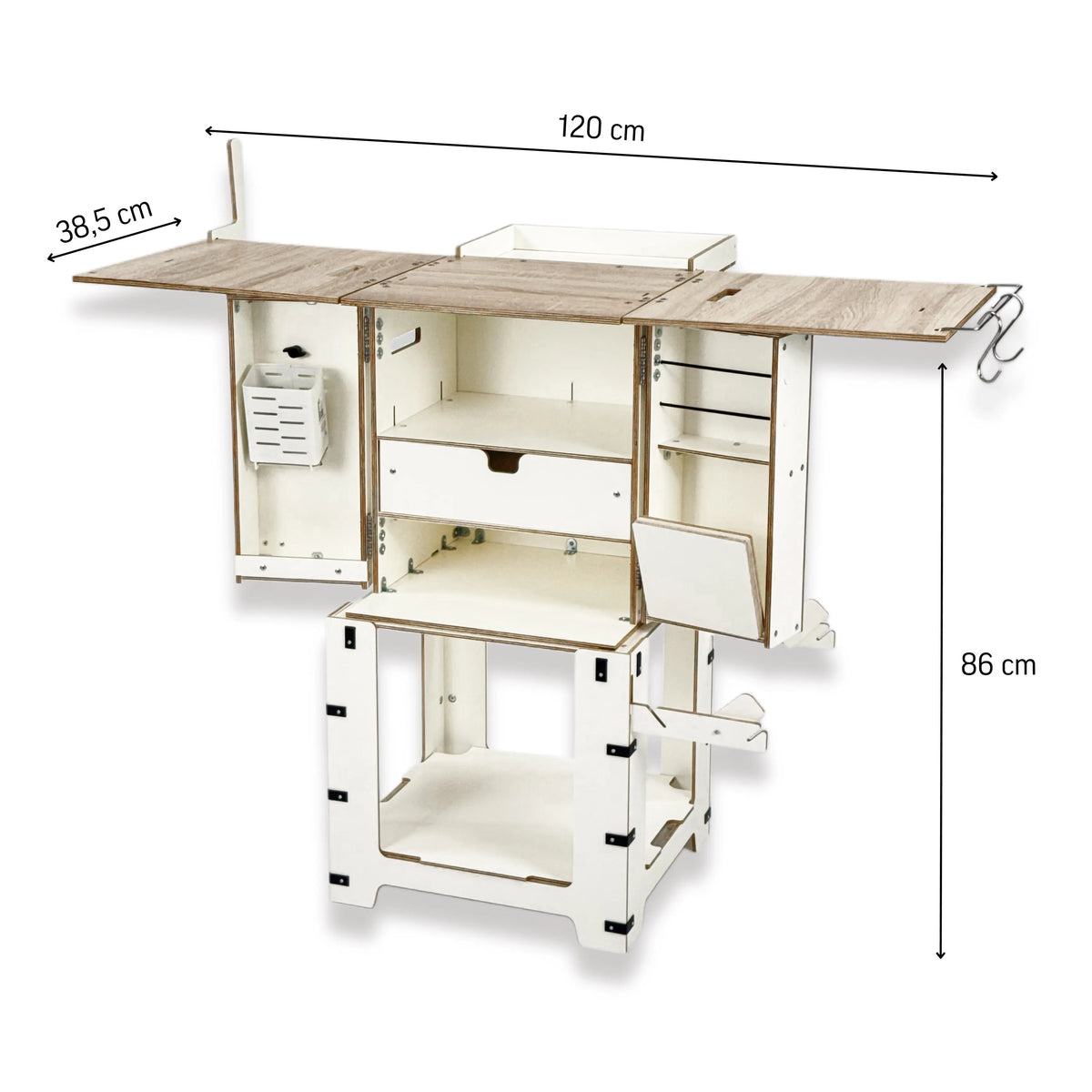 Afmetingen van de uitgeklapte Camping Box-keuken met werkbladen: 120 cm x 38,5 cm x 86 cm